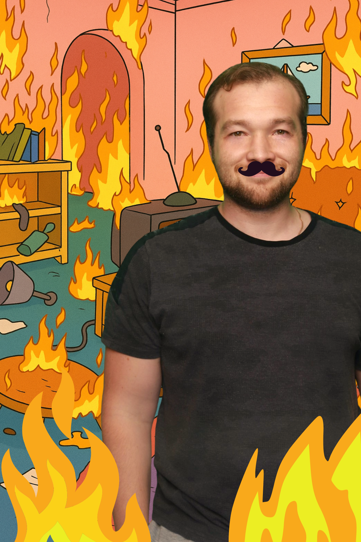 Mann mit Comic-Schnauzbart in einem brennenden Comic-Wohnzimmer mit Flammen im Vordergrund