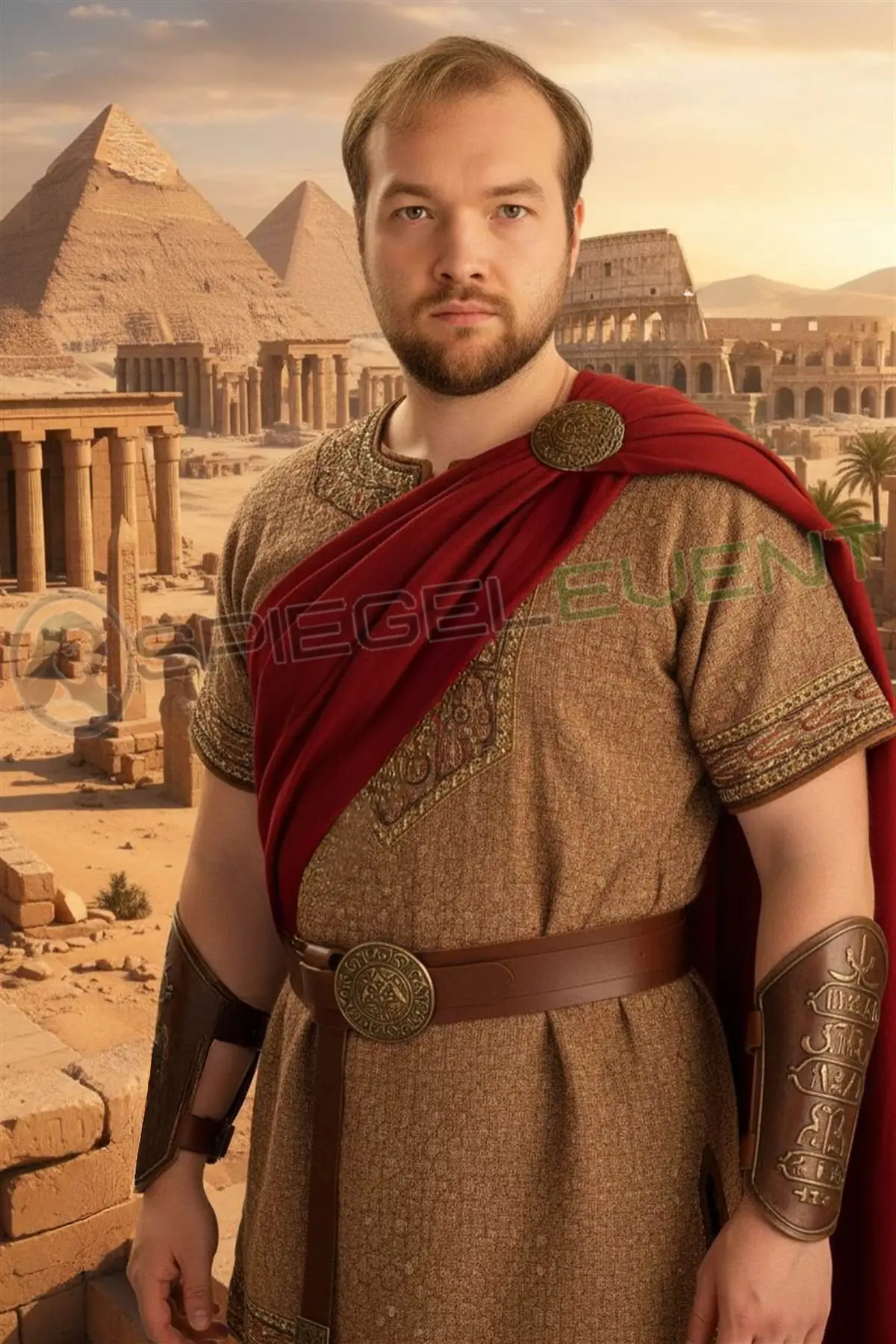 KI Fotobox verwandelt Mann in römischen Soldaten vor den Pyramiden Ägyptens