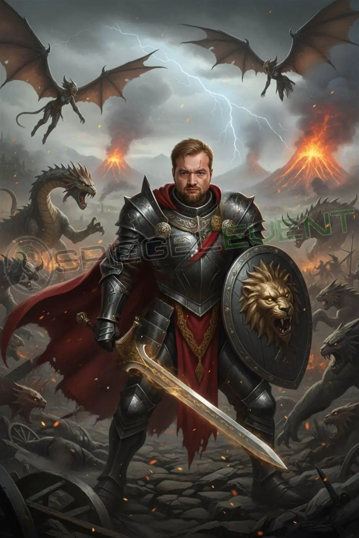 AI Portrait Mann als Ritter mit Schwert und Schild vor apokalyptischer Drachenlandschaft