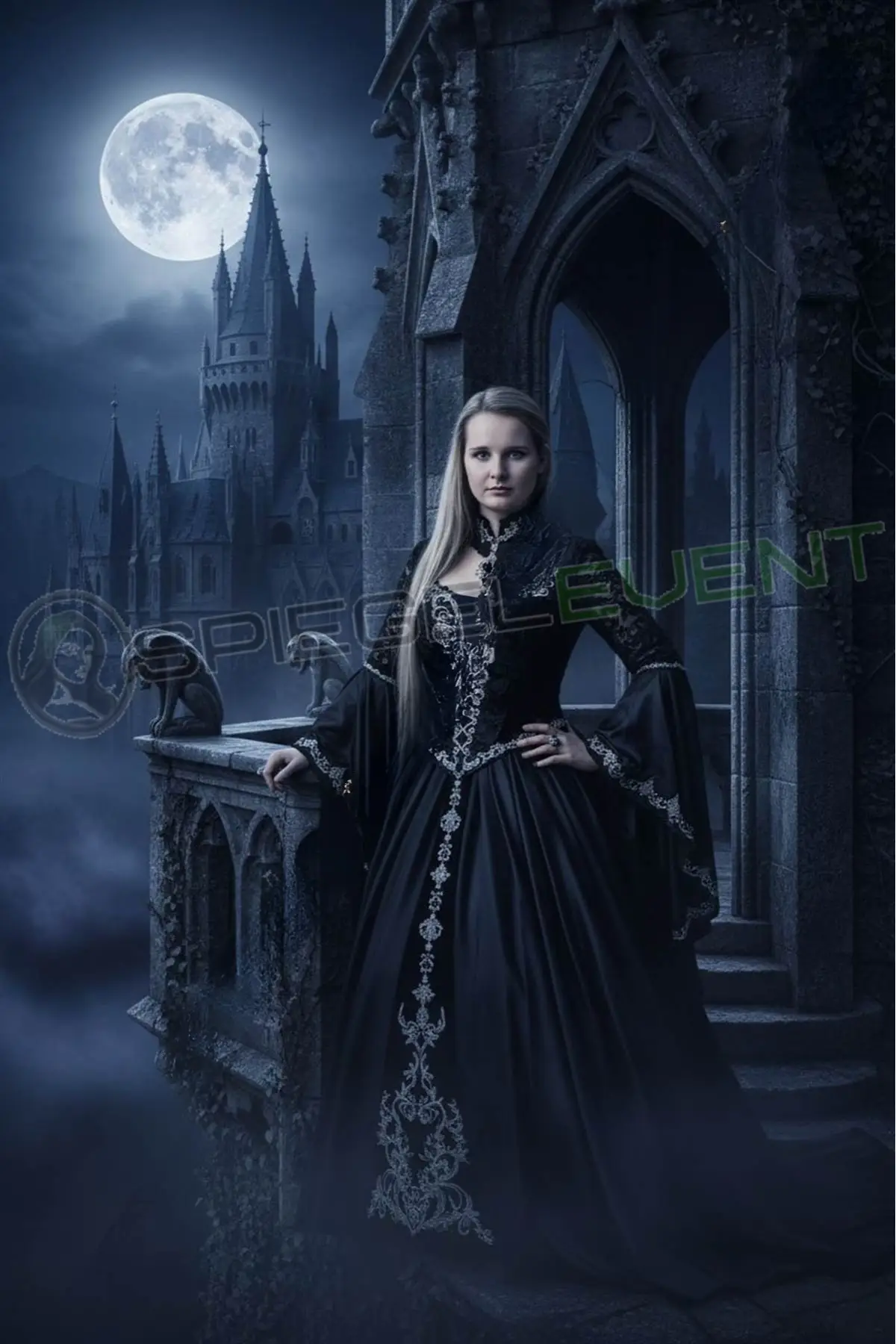 Frau im barocken schwarzen Kleid bei Nacht vor gruseliger Burg, Gothic AI Portrait