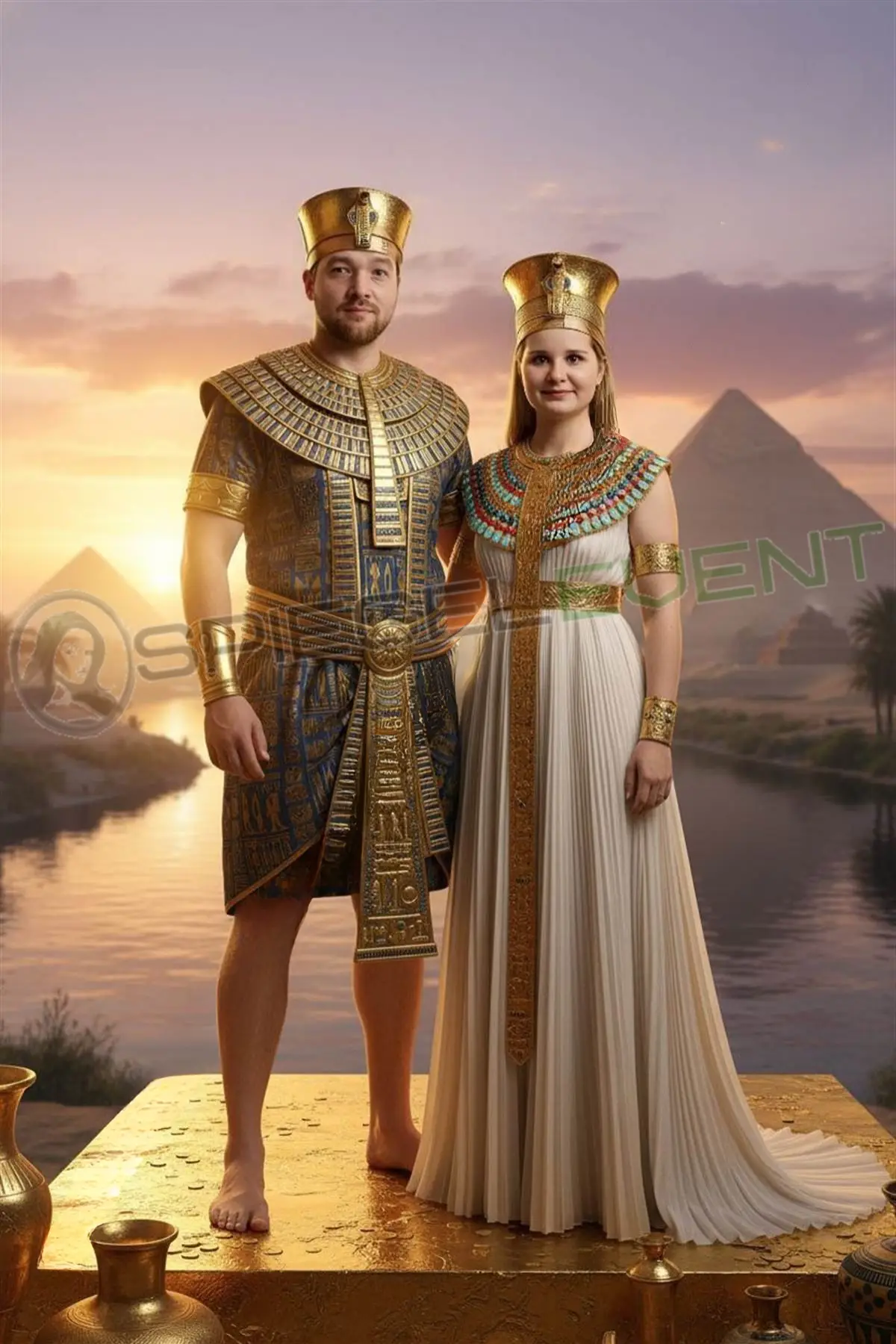 Ägyptisches Königspaar auf Podest vor dem Nil, Pharao AI Portrait aus der KI Fotobox
