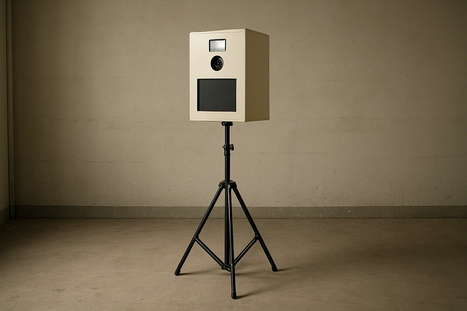Alte graue und langweilig aussehende klassische Fotobox aus Stativ und Vorhang