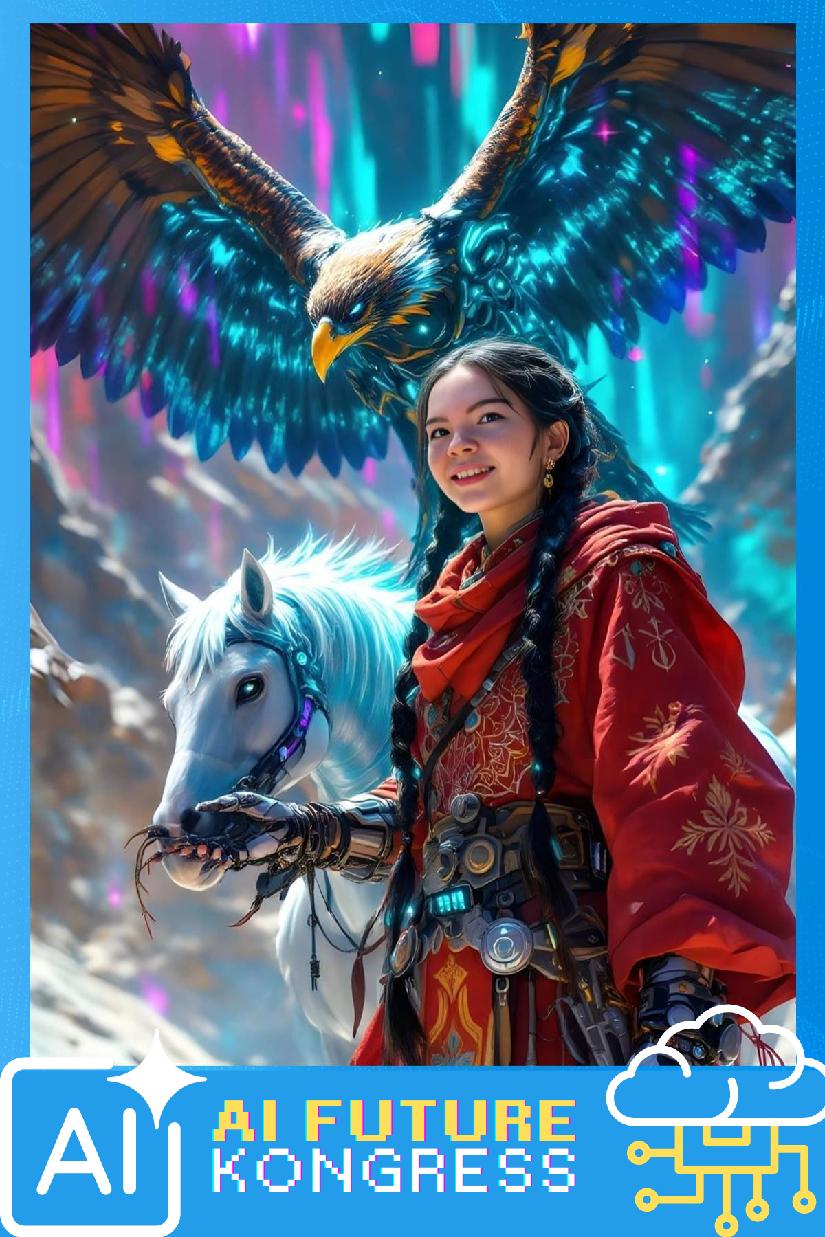 Frau in einer Fantasy Welt mit Drachen und magischen Wesen, KI Fotobox